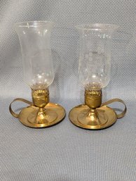 Pair Of Brass Candle Sticks With Etched Glass Shades