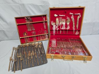 Extensive Cased Set Of Bamboo Motif Brass Flatware Mostly Unused