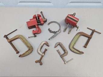 Lot Of 2 Vices & C-Clamps Including A Stanley No. 700 Vise