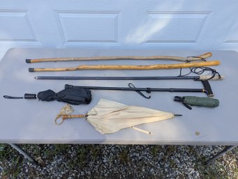 Lot Of Walking Sticks, Canes & Umbrellas