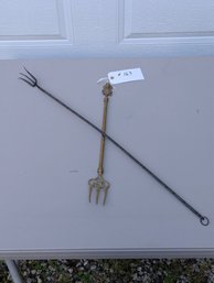 Interesting Old Devil / Goblin Finial Brass Long Fork Together With A Wrought Iron Fork