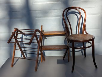 3 Piece Lot  Bentwood Chair, Small Child Size Drying Rack & Old Wooden Steps