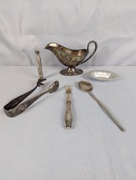 10.44 Ozt Sterling Silver Lot Including Lebolt Arts & Crafts Tongs & A Gravy Boat  Together With Two Sterling