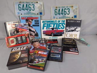 Sports Memorabilia Lot- Dale Earnhardt And Bobby Orr Books, Cars And DVDs Including 2 NH License Plates