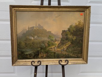 Antique Framed Chromolithograph In Lemon Gold Frame