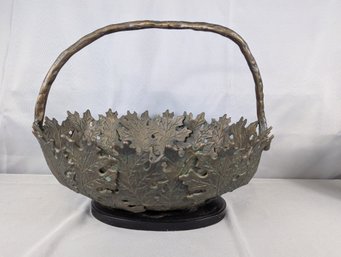 Large Heavy Bronze Oak Leaf Motif Handled Basket Centerpiece