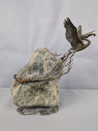 Signed & Number Bronze & Stone Sculpture Of A Pelican In Flight By Gregory Higgins