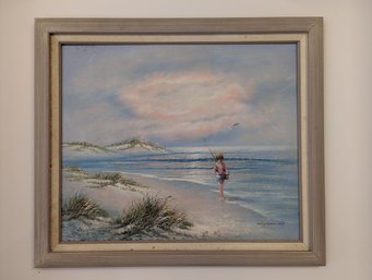 Original Painting On Stretched Canvas Illeg. Signed - Young Boy Fishing