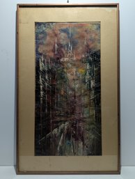 Mid-Century Modernist Oil  Painting - Illeg. Signed - Abstract Cityscape ?