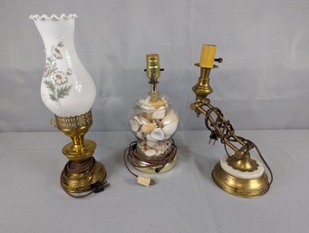 Lot Of 3 Smaller Lamps - 2 Brass And One Seashells