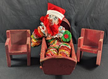4 Piece Lot - 3 Old Red Painted Wooden Doll Funiture Pieces & A Hand Crafted Doll