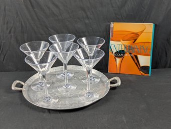 Lot - Aluminum Tray - Plastic Martini Glasses & Book On Entertaining