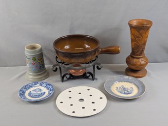 Miscellaneous Lot Including Hand Carved Wooden Vase And A Vintage Swiss Fondue Chaffer