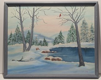 Original Folk Art Oil Painting - Winter Landscape With Cardinal By C R Long
