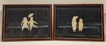 Edward West Merrill (1841-1910) Pair Of Original Birch Bark Folk Art Collage / Paintings