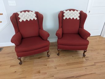 Pair Of Red Upholstered Wing Back Side Chairs
