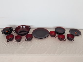 Lot Of Royal Ruby Red Glass  - Berry Bowl Set, Cups & Saucers & A Couple Plates