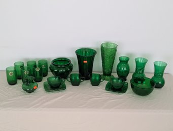 Large Lot Of Mostly Anchor Hocking Forrest Green Glass  Cups, Saucers, Drinkware, Vases, Etc