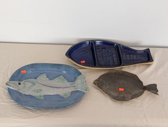 Lot Of 3 Studio Pottery Fish Platters Including A Large Bennington Piece