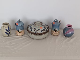 Lot Of 5 Pieces Of Artist Signed Studio Pottery Including A Covered Casserole