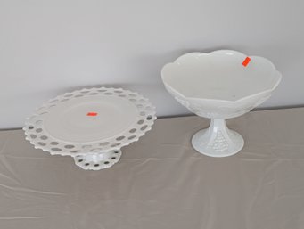 2 Pieces Of Larger Milk Glass  A Cake Stand & A Footed Bowl