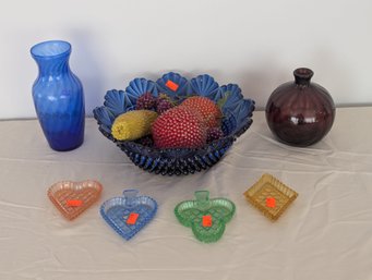 7 Piece Lot Of Vintage Glass Ware  Blue Hobnail Bowl, A Hand Blown Amethyst Vase, Etc