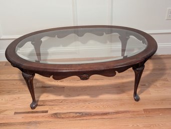 Beveled Glass Top Coffee Table With Queen Anne Legs & Shell Carving