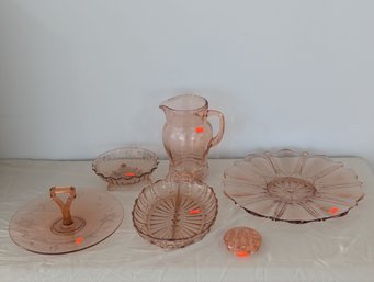Lot Of 6 Pieces Of Pink Depression Era Glassware Including Serving Pieces