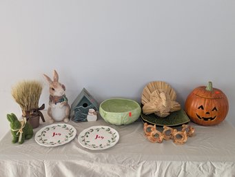 Lot Of Mostly Seasonal Decorative Items Including A Ceramic Pumpkin & Birdhouse With Snowman
