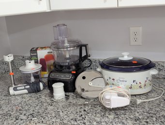 Lot Of Kitchen Appliances  Kitchen Aide Food Processor, Crock Pot, Hand Mixer, Immersion Blender, Etc