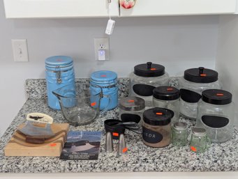 Large Lot Of Kitchen Storage Containers, Large Measuring Cup An Alaskan Ulu Factory Knife & Board / Bowl