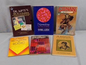 6 Books Including Dr. Katz, Numerology By Leek, 2 Books On Logic, Maggie By Crane & Conan And The Sorcerer