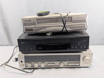 Vintage Onkyo AM/FM Stereo Receiver Amplifier Together With Two VHS Players
