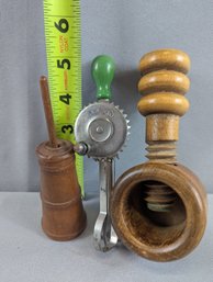 Child Size Antique Hoosier Egg Beater Premium, Miniature Turned Wood Butter Churn & Treenware Nut Cracker