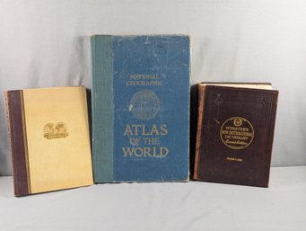 Two World Atlases & 1947 Nice Leather Bound Webster's Dictionary