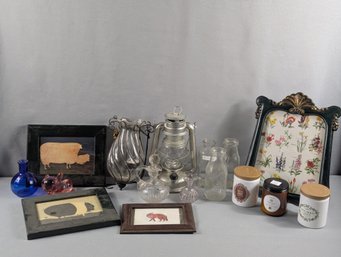 Misc Lot Of Framed Decor, Milk Bottles, Antique Glass, Candles, Etc....