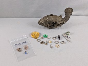 Heavy Brass Fish For Trinket Box & Contents Including A Pair Of Italian Sterling Earrings By Dyadema &