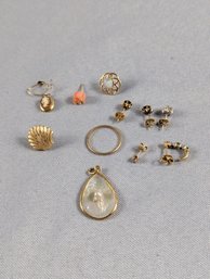 Misc Lot Of 14k Gold - Mostly Earrings - 3.7 Dwt/ 5.7g Pink Coral, Diamond, Cameo, Opal, Etc....