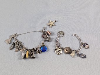 2 Sterling Silver Charm Bracelets - Mostly Sterling Charms & A Sterling Pendant 2.18 Ozt