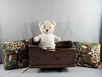 Vintage Wooded Doll Cradle Form Magazine Rack With Bear