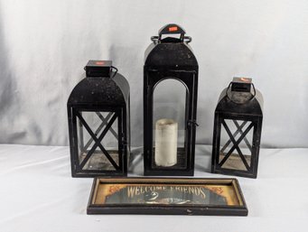 Three Candle Lanters & Welcome Friends Sign