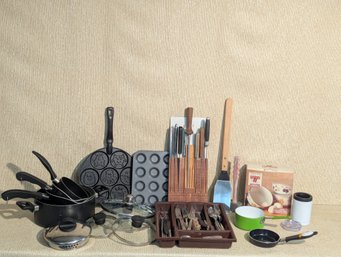 Large Lot Of Kitchen Items - Pots, Pans, Utensils, Knives, Etc....