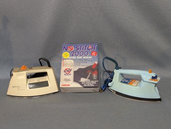 Two Electric Irons & A New In Box 'As Seen On TV' Never Sew Again NO-Stitch 2000