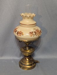 Brass Table Lamp & Paint Decorated Glass Lamp Shade