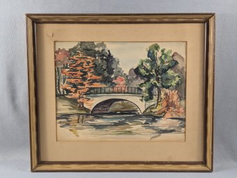 Mid 20th Century Original Watercolor Of A Bridge By Lapenna