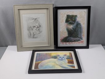 3 Framed Original Piece Of Art - Cats - Two Watercolors & One Drawing By Valentina Koblilansky