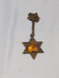 Antique Brass Jewish Star Of David With Russian / Baltic Amber Pendant & Chain