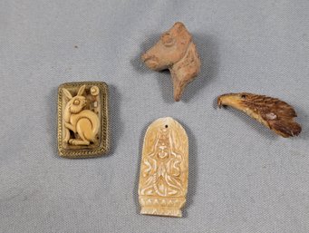 Interesting Lot Of Antique Carved Jewelry / Objects