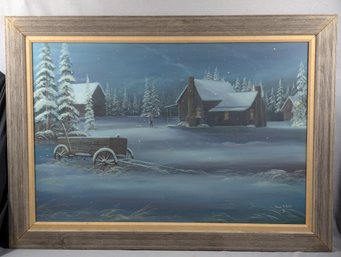Large Original Oil Painting - By Arnold McDowell 1978 - Winter Nocturnal Homestead