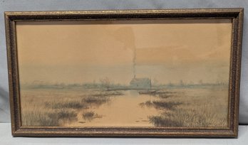 A T Bazane  (1846 – 1921) Original Misty Morning Atmospheric Watercolor Painting